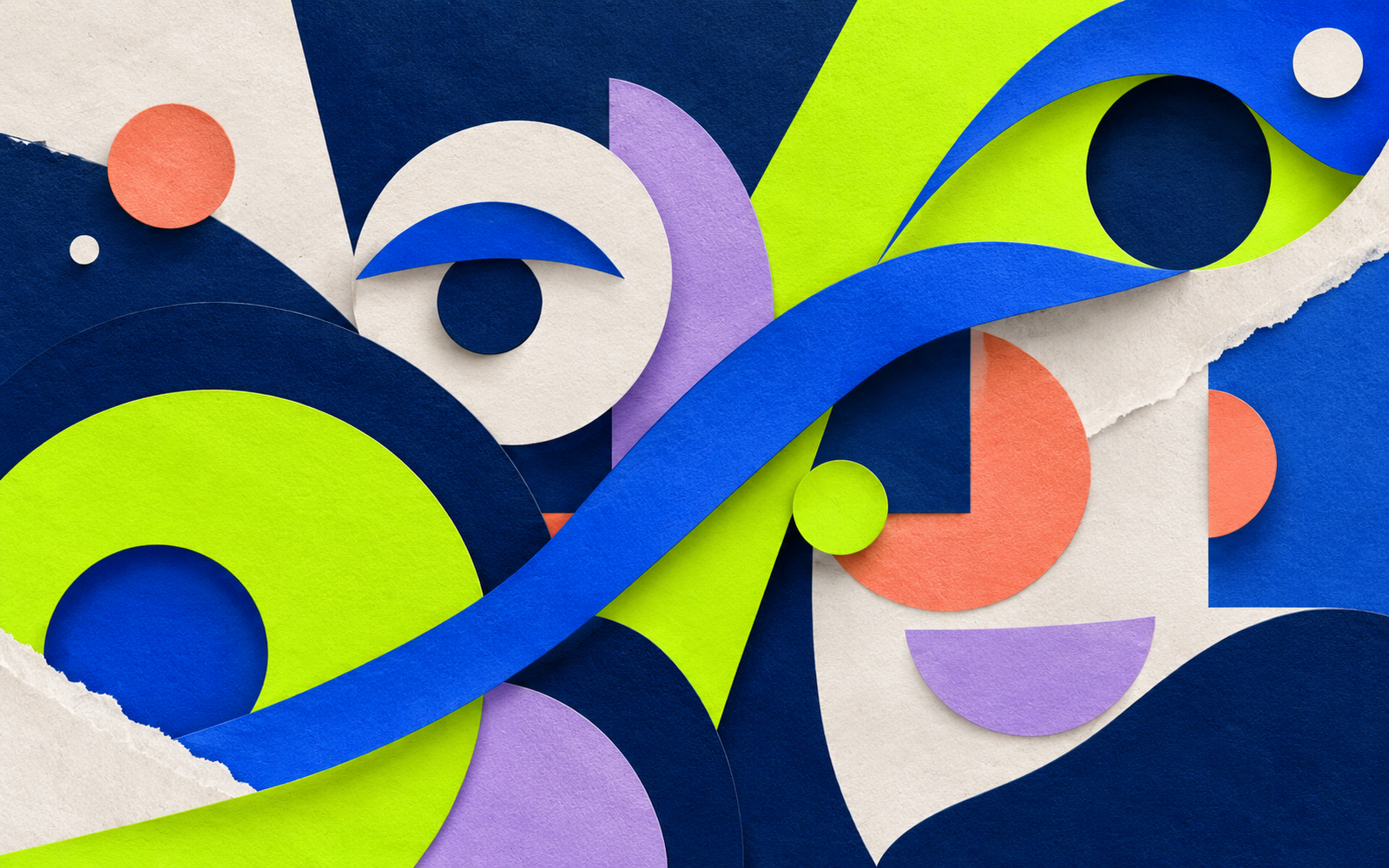 Abstract paper collage in deep blue, electric green, cobalt, coral, and lilac with sweeping curves and geometric forms